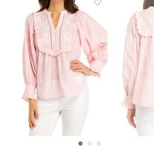Crown & Ivy Light Pink Embroidered Floral Ruffle Top | Puff Sleeves | S